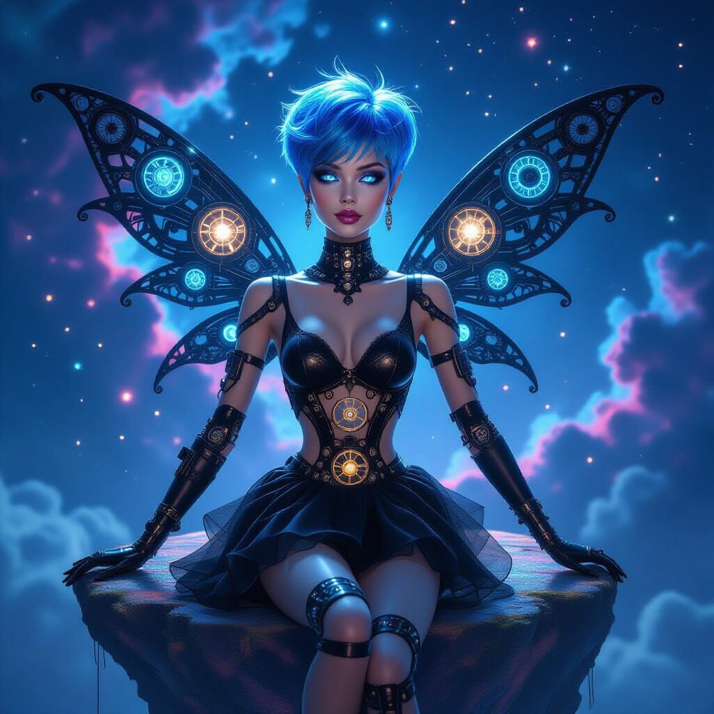 Mechanical Barbie in Cosmic Nebula, Surreal Digital Art