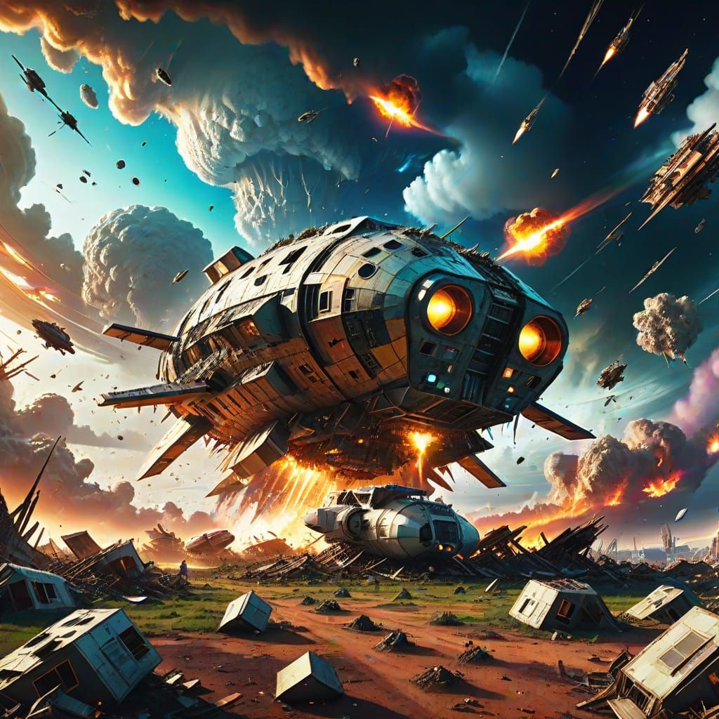 Space Colony Surrounded by Tornadoes: Sci-Fi Digital Art