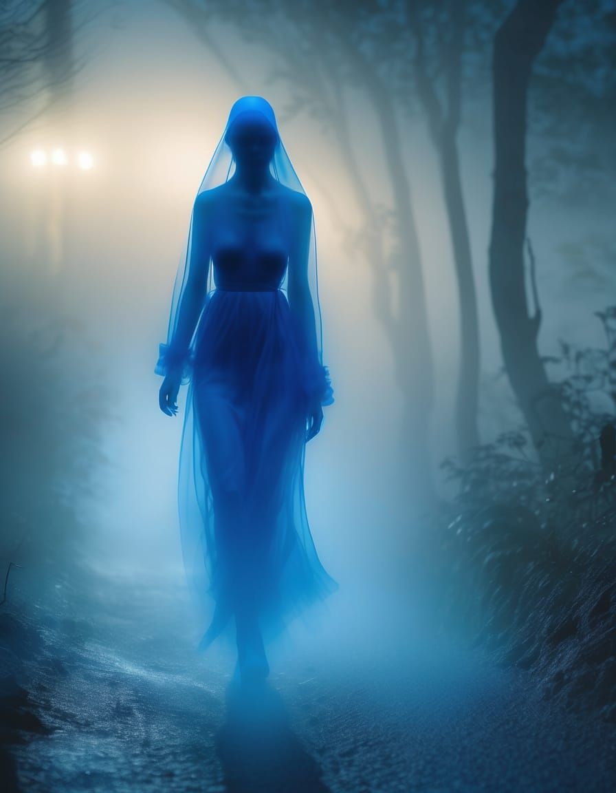 Ethereal Blue Ghost in Fog, Photorealistic Rendering