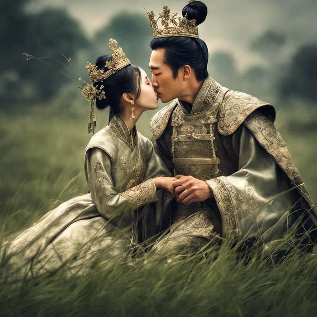 Chinese Prince Kissing Princess in Grassy Field