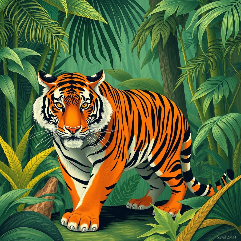 Majestic Tiger Roams Vibrant Jungle Landscape