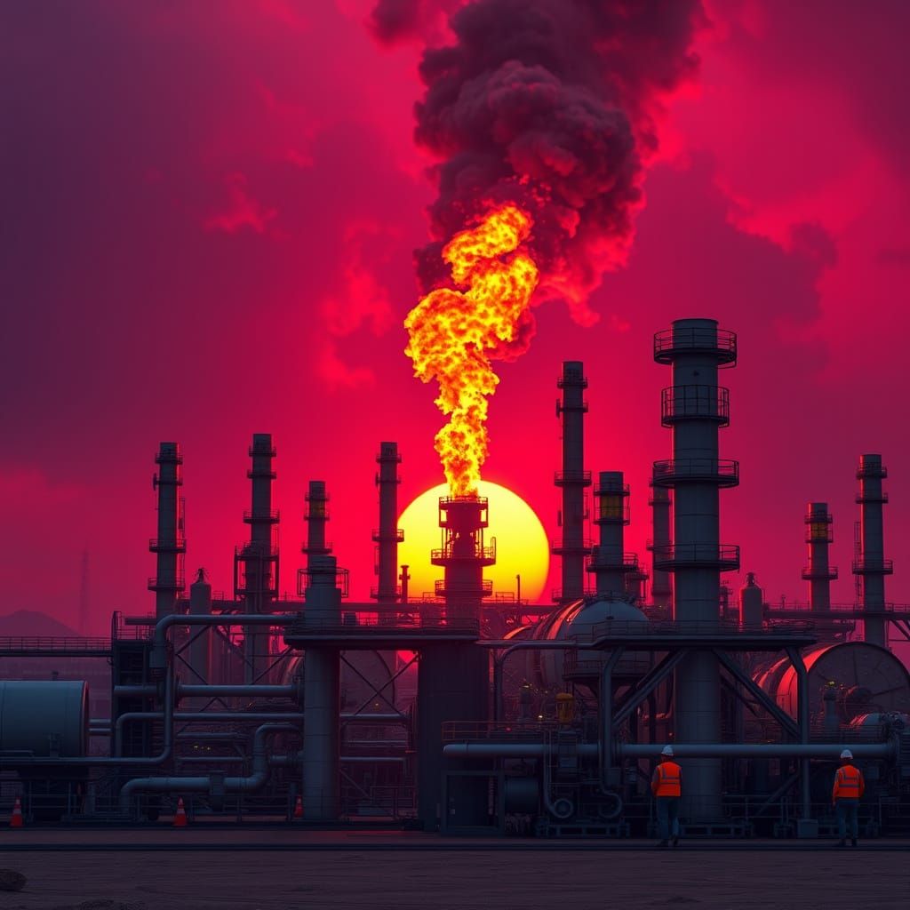 Vast Oil Refinery Under Red Sunset Flare