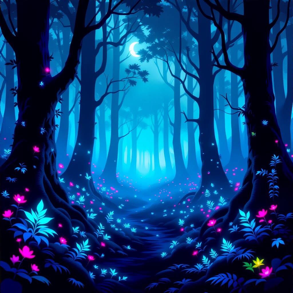 Bioluminescent Forest at Midnight in Dark Fantasy Style