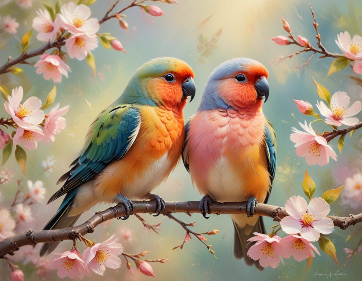 Impressionist Lovebirds on Blossoming Branch