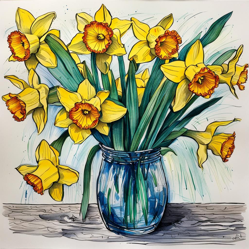 ink drawing of daffodils in a vase