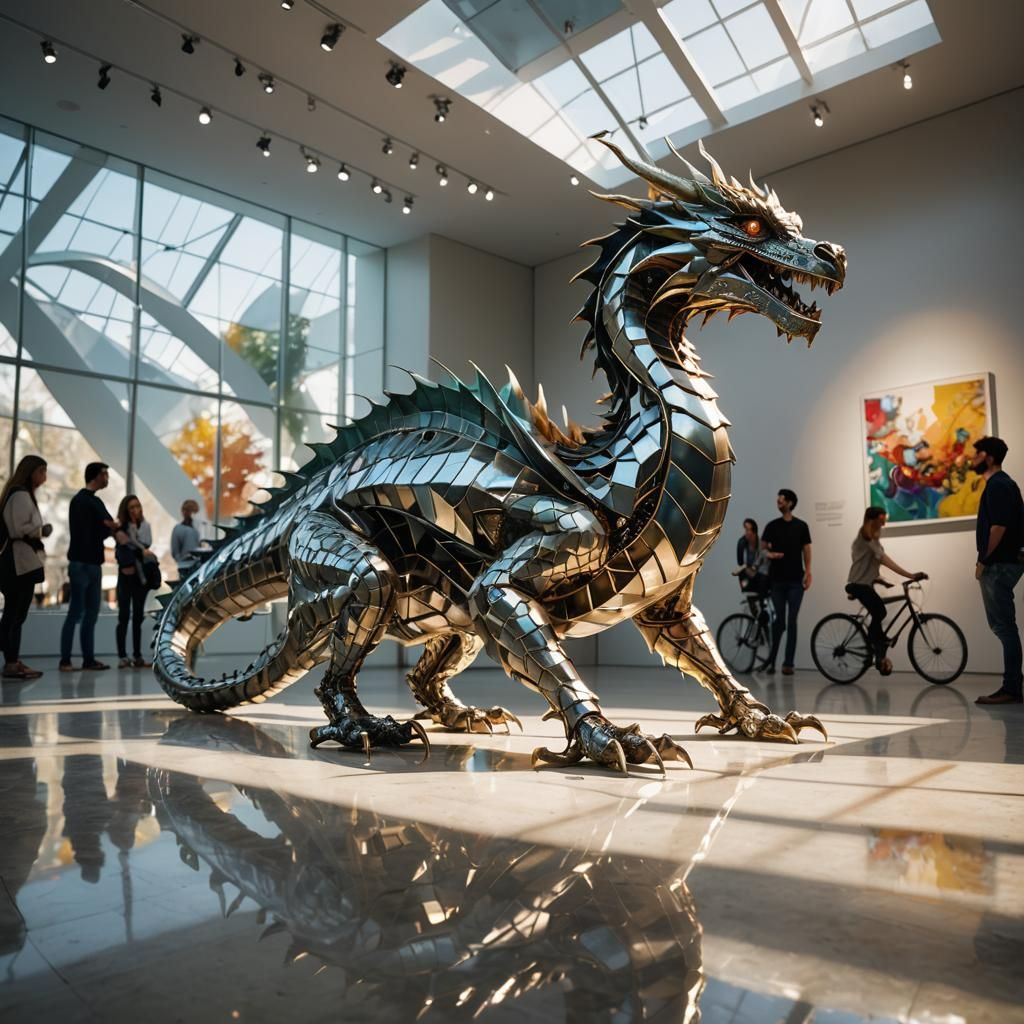 Metallic Dragon Bicycle Sculpture in Art Gallery