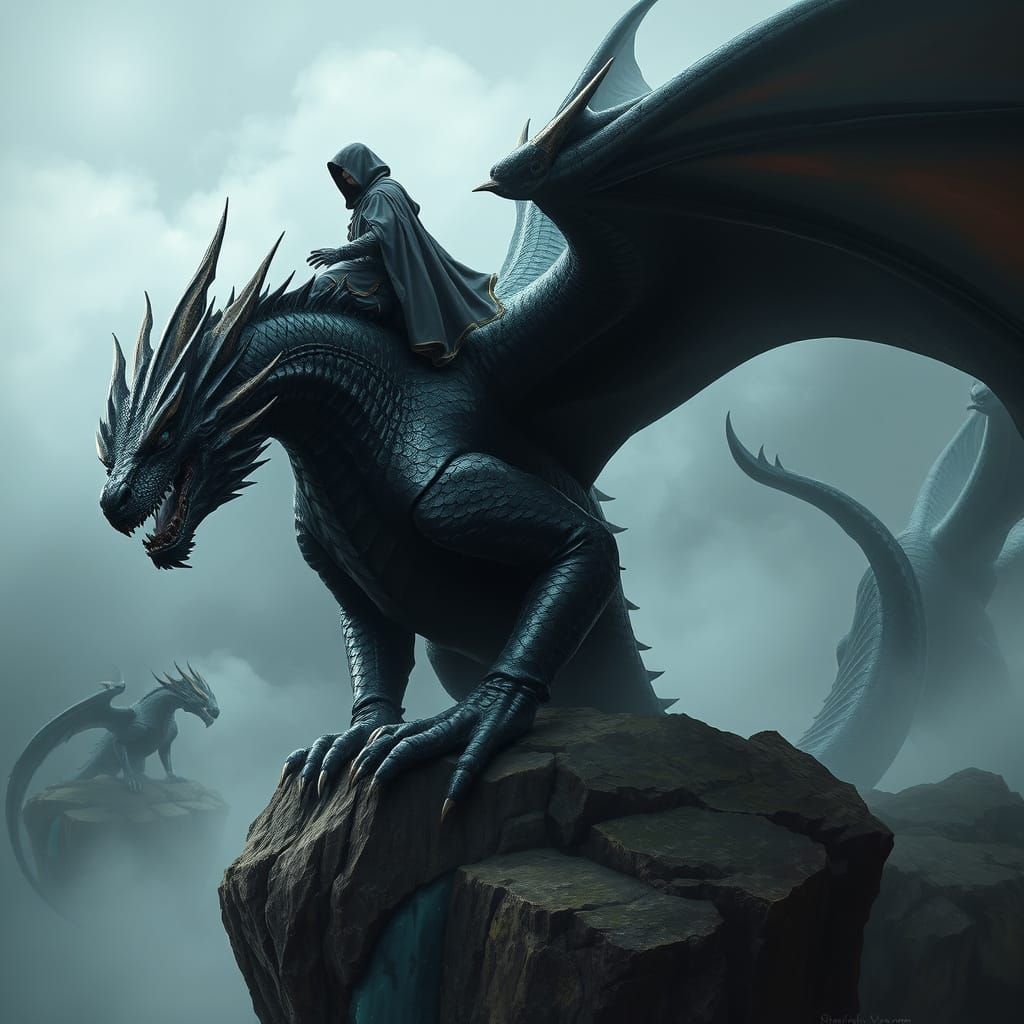 Majestic Black Dragon on Cliff's Edge in Fantasy Landscape