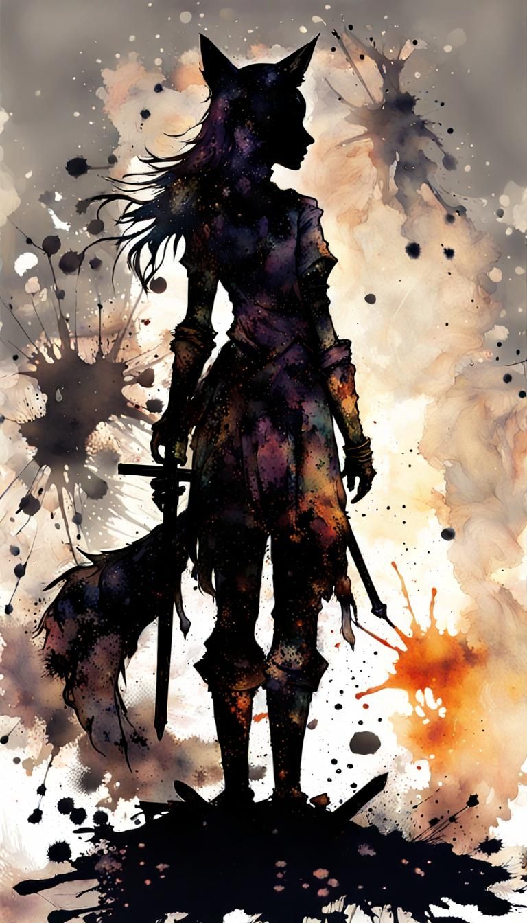 Ink Knight Kneels on Battlefield at Night