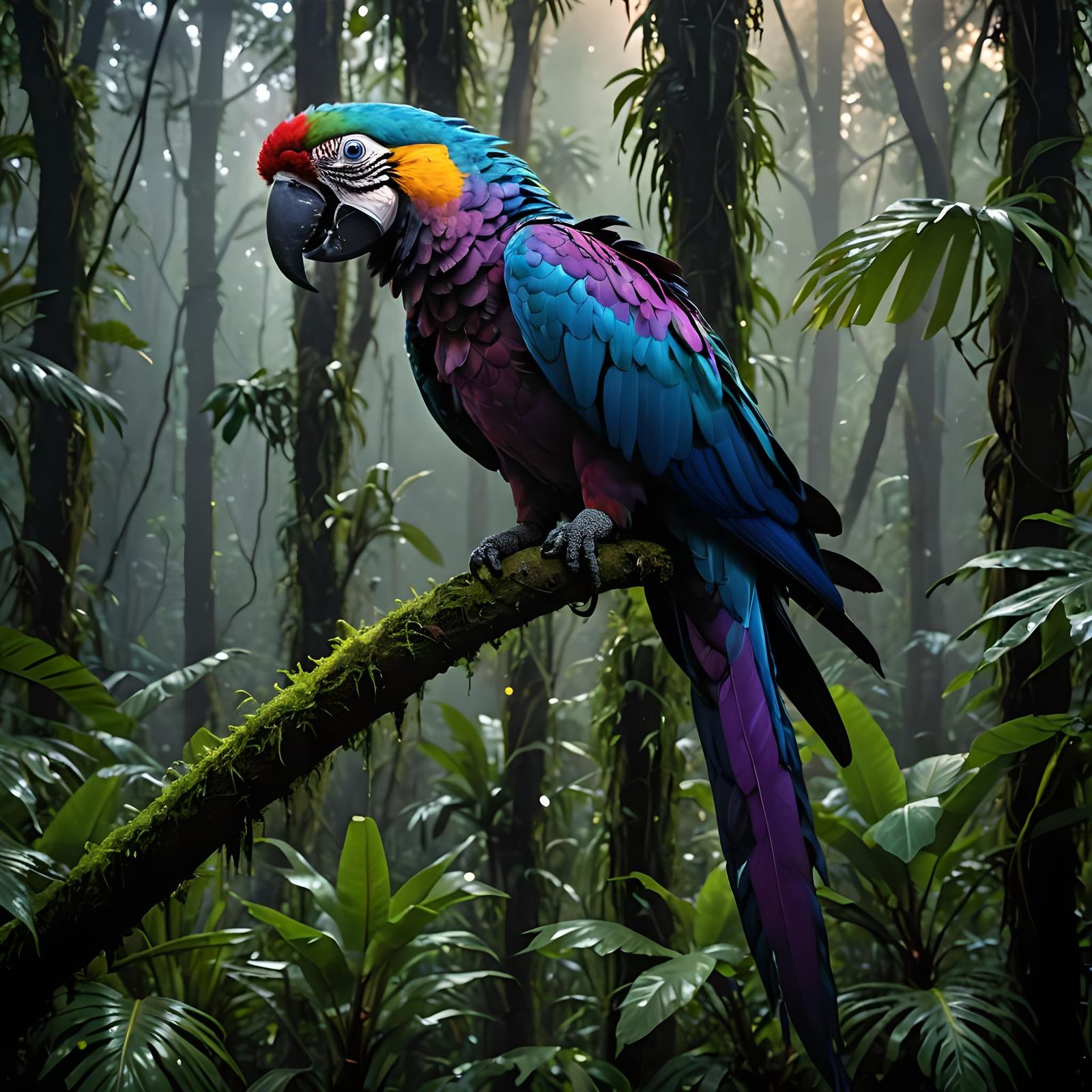 Iridescent Purple Macaw Crafted from Flames in Smoky Rainfor...