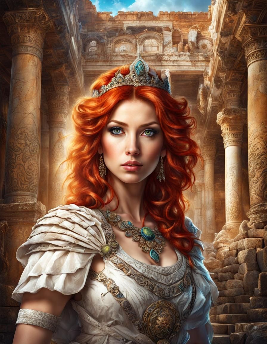 Red-Haired Tigress in Ruined Palace: Dreamcore Portrait