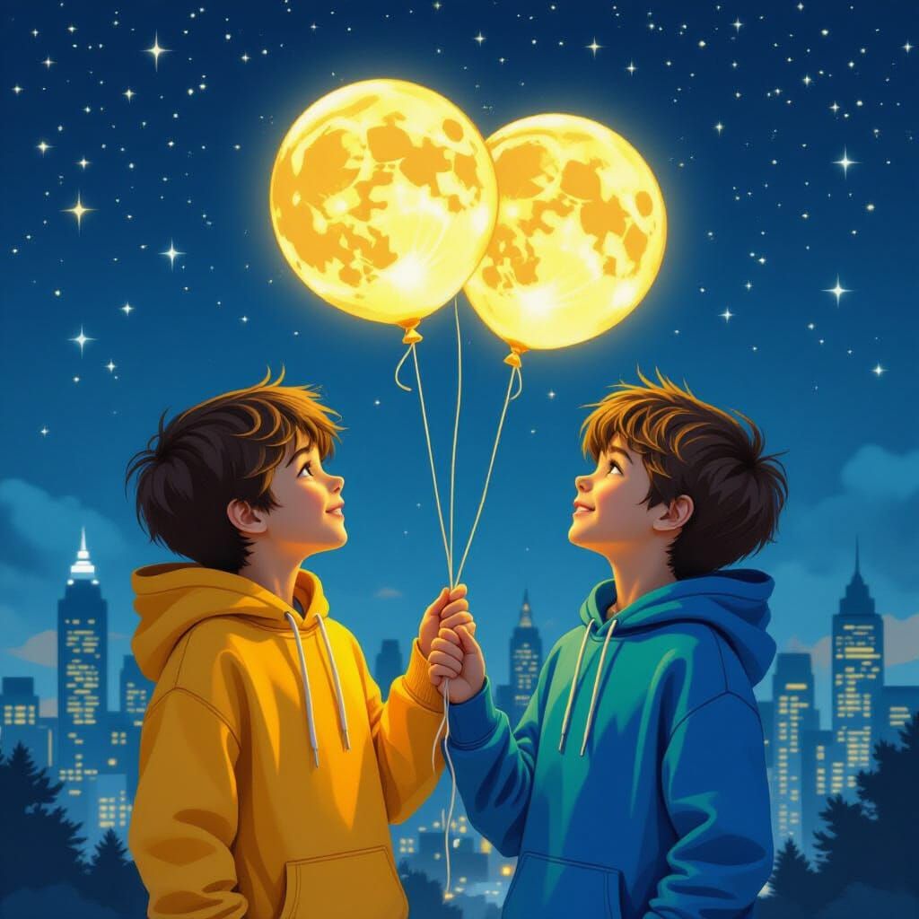 Boys with Moon Balloons in Digital Art Style