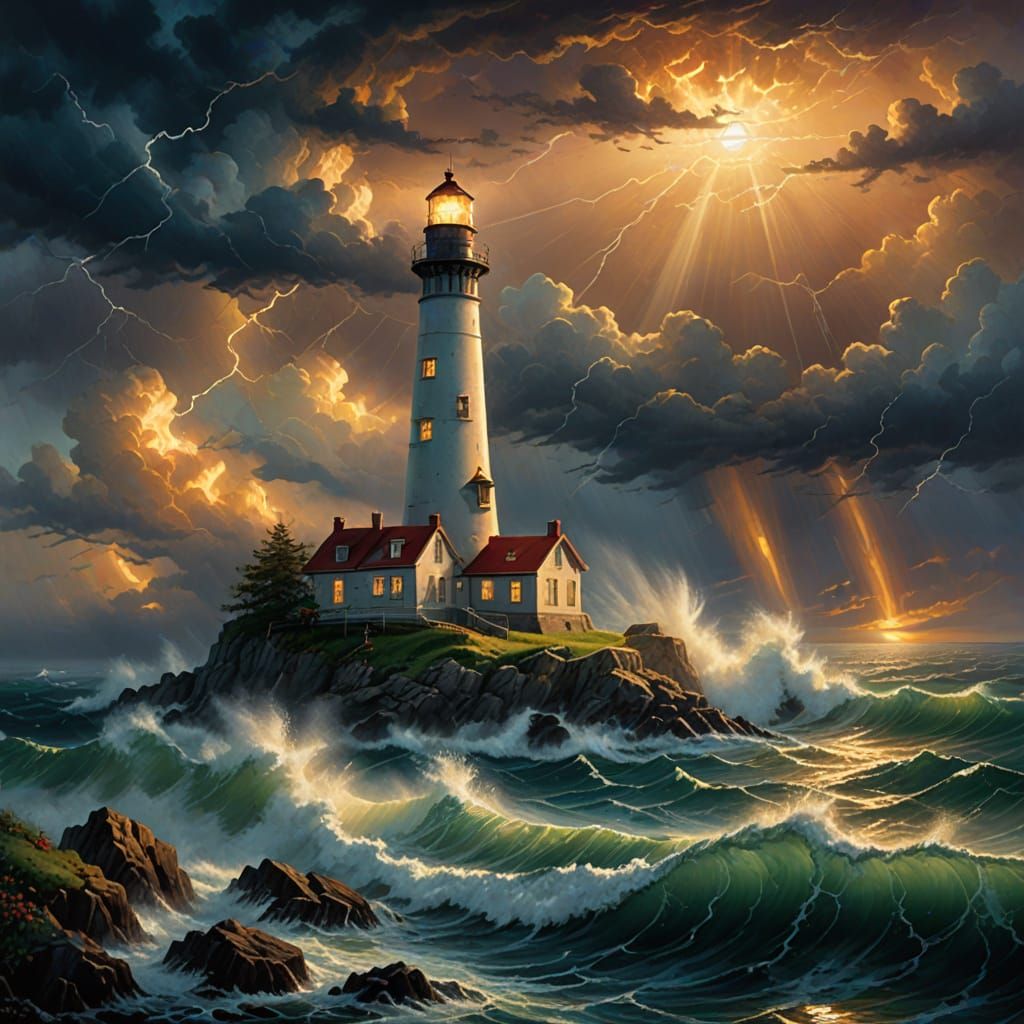 Lighthouse Against Stormy Sea in a Dreamy Oil Painting