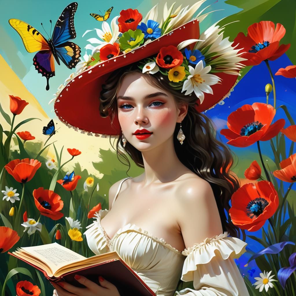 Surreal Woman with Book in Colorful Surroundings