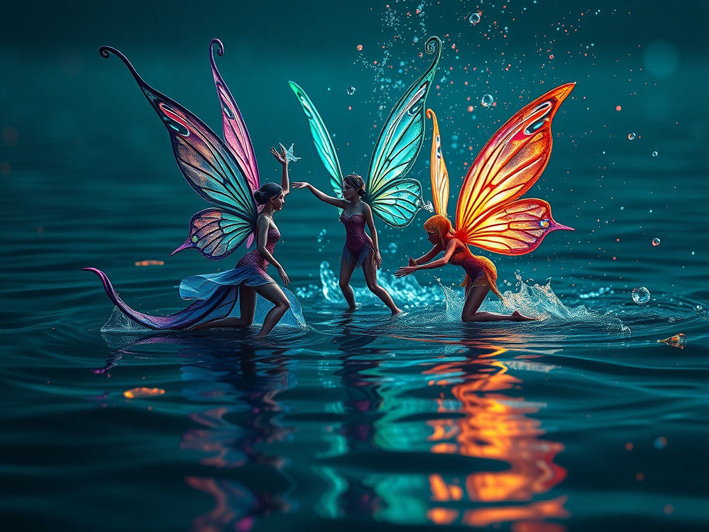 Water Fairies Wielding Magic in Dark Lake