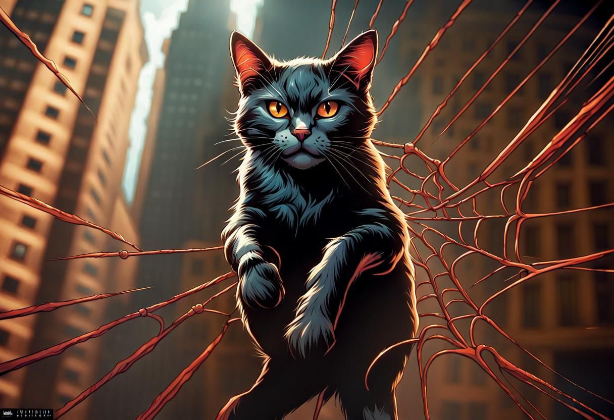 Spider-Cat Comic Book Art in Maximalist Style