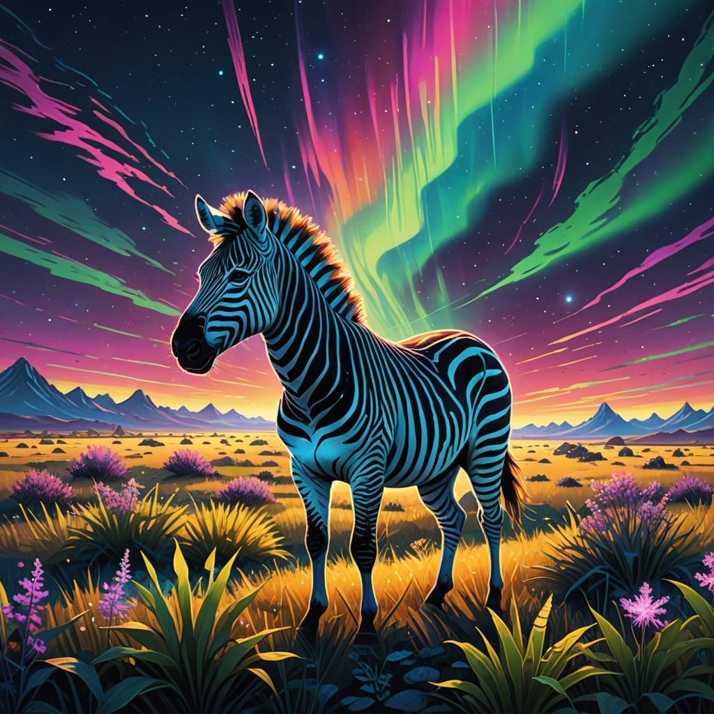 Surreal Digital Art of a Glowing Zebra in a Bioluminescent L...