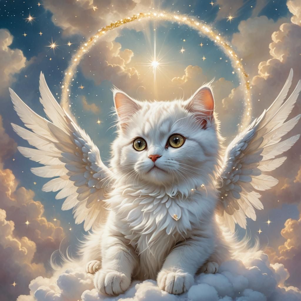 Angel Cat Reaching for Halo in Dreamy Style