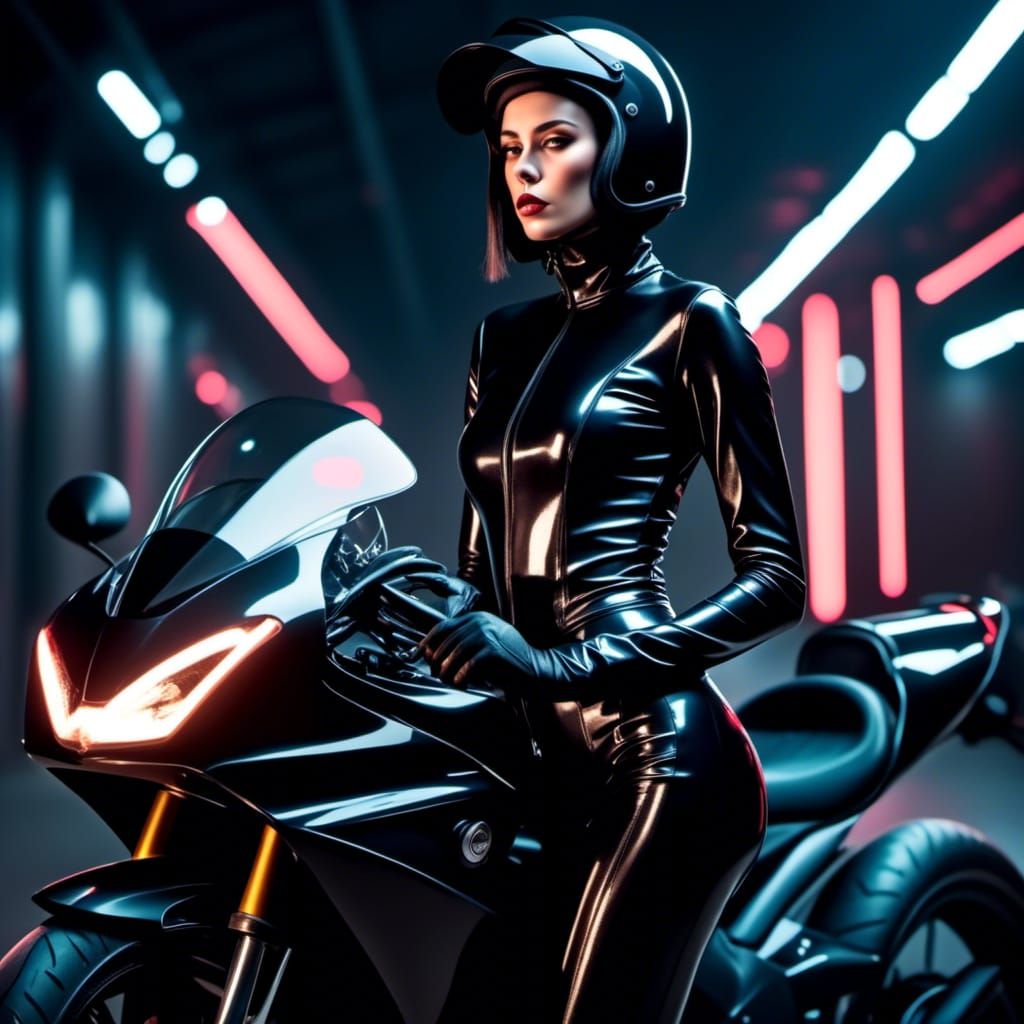 <lora:Black Latex:1.0> total view of a young woman in a black shiny latex close-fitting motorsuit en closed dark helmet ...
