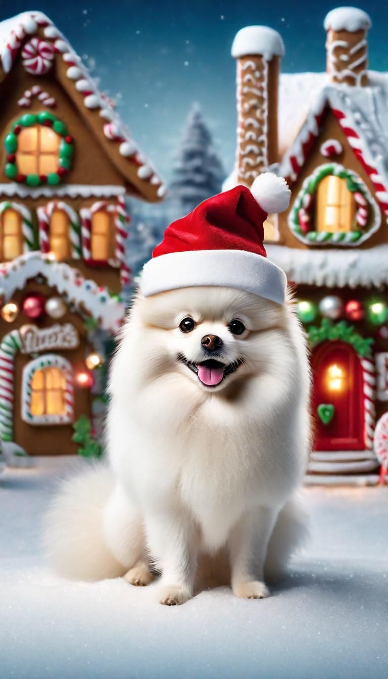 Pomeranian Dog in Santa Hat Christmas Scene