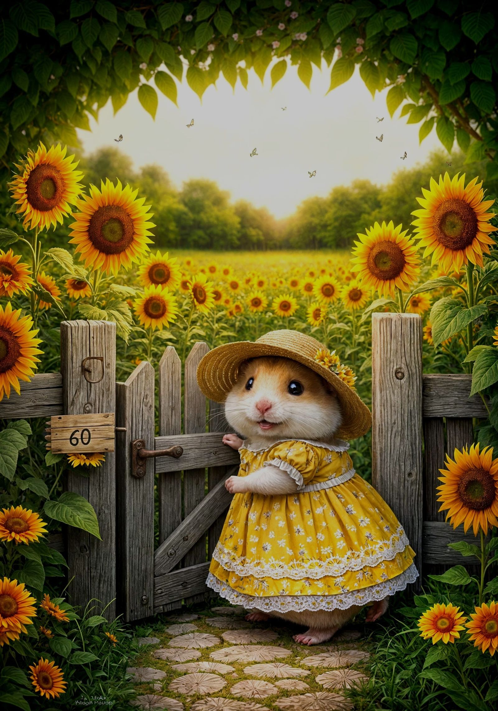 Hamster Passes Through Whimsical Woodland Gate into Sunny Me...