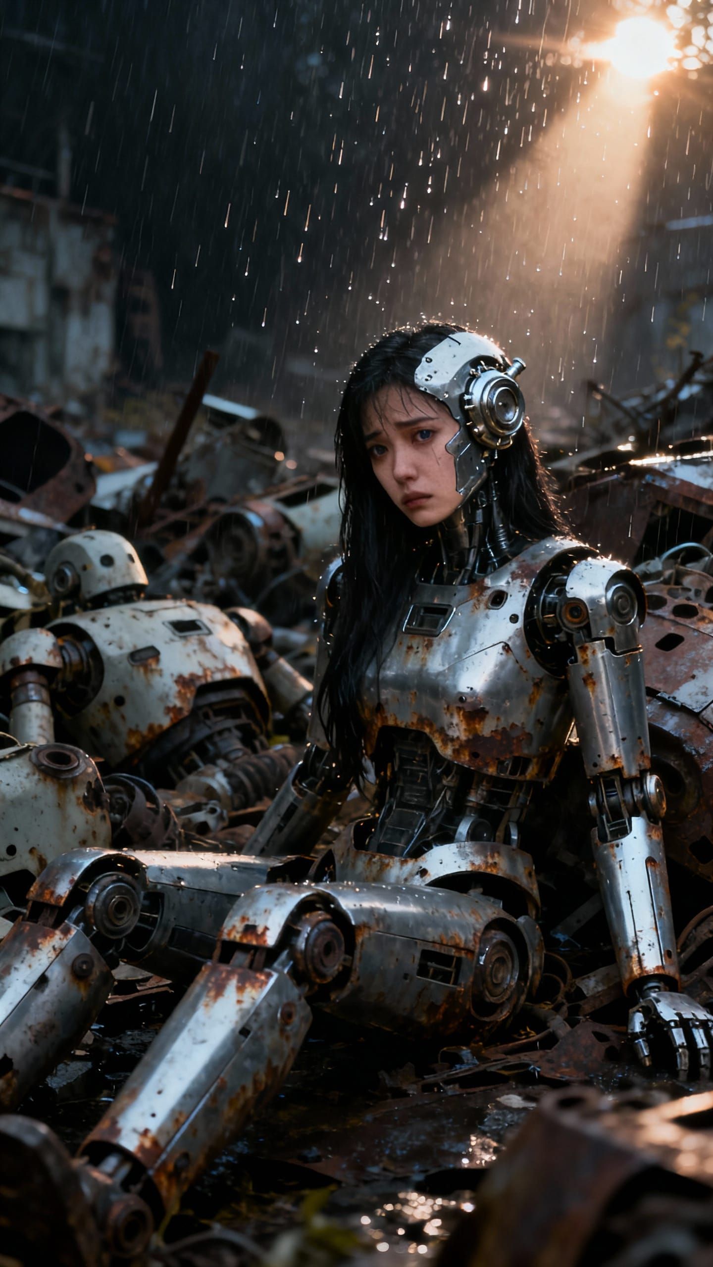 Sad Cyborg Woman in Rainy Scrapyard, Dystopian Art