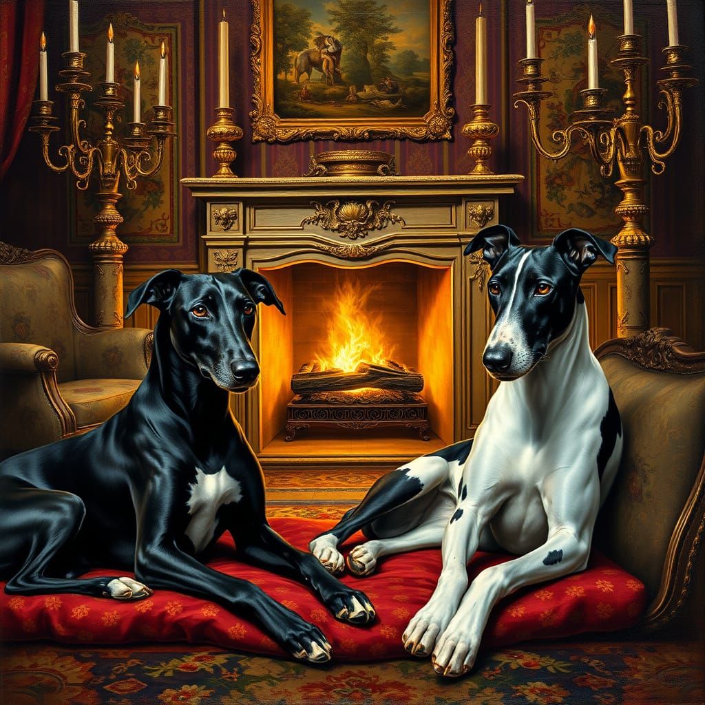 Elegant Greyhounds Adorn a Regal Fireplace Scene