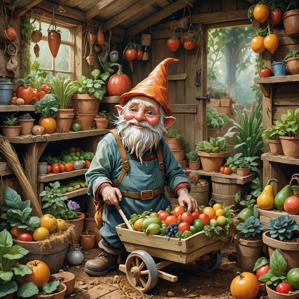 Whimsical Chibi Gnome in Vibrant Garden Scene