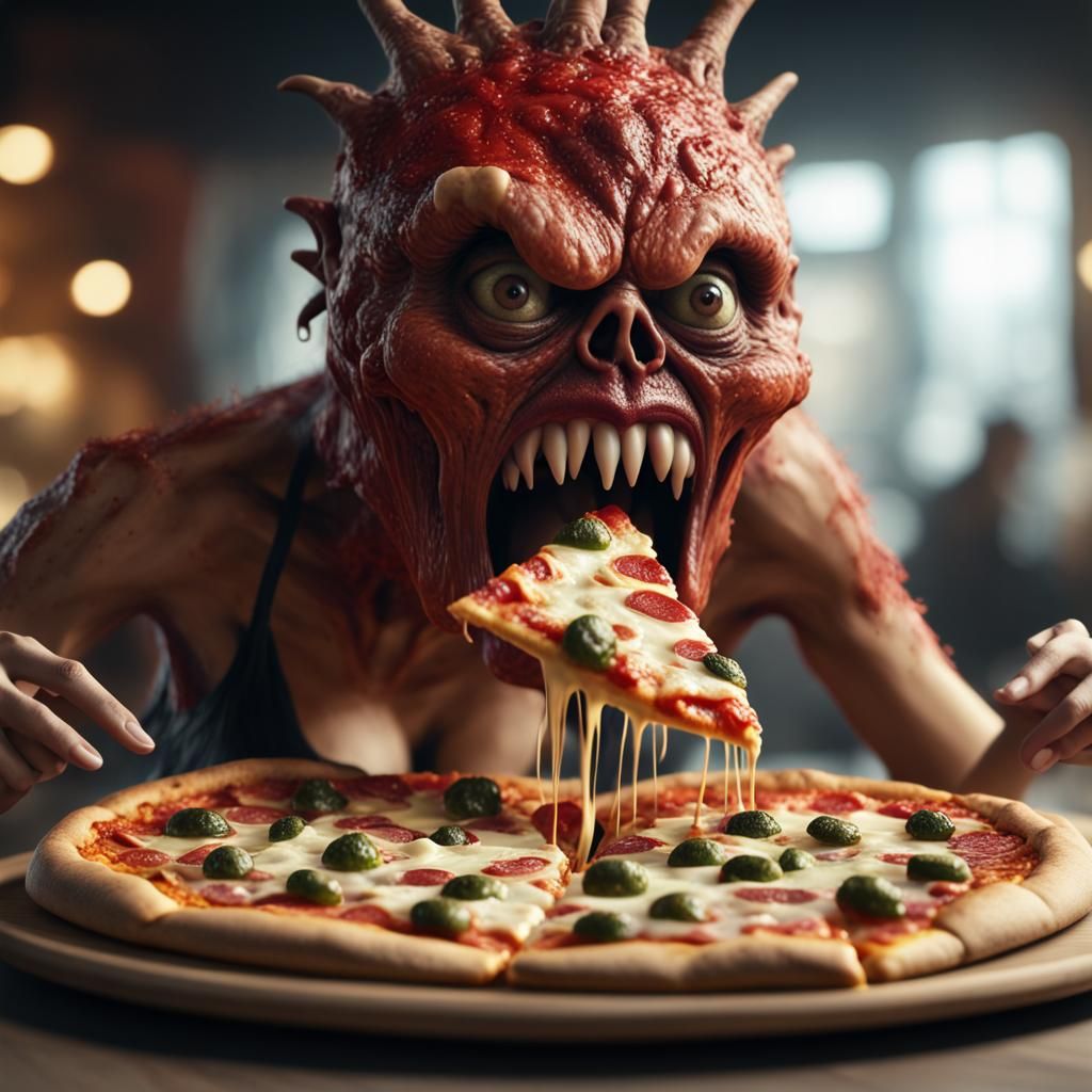 1 monster 1 woman, a pizza monster eating a human, cinematic, hyperrealistic, octane render 4k, detailed faces and body ...