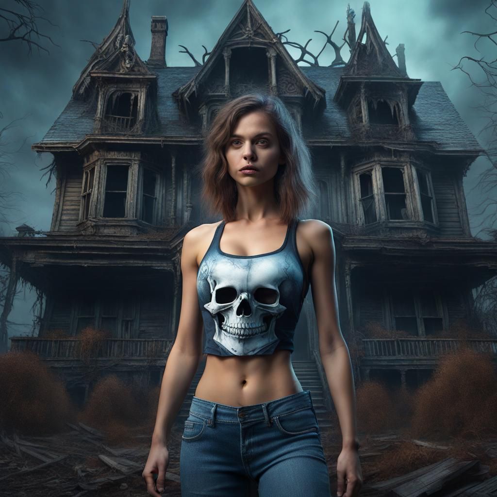 Girl and Skeleton at Haunted House, Detailed Matte Painting