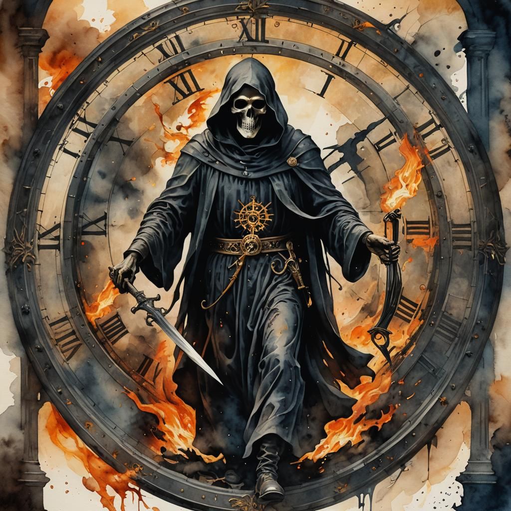 Grim Reaper in Fire with Roman Clock