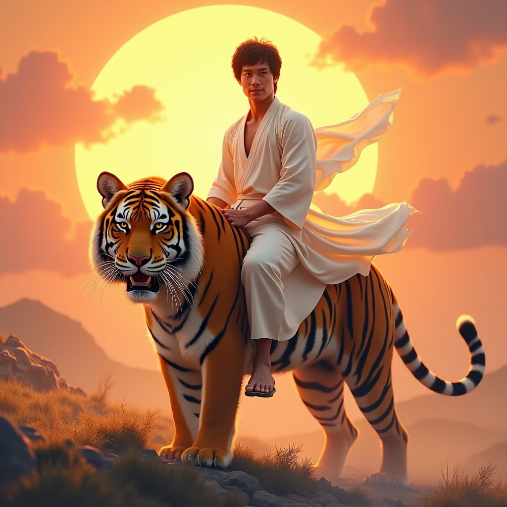 Bruce Lee Rides Saber-Tooth Tiger at Sunset