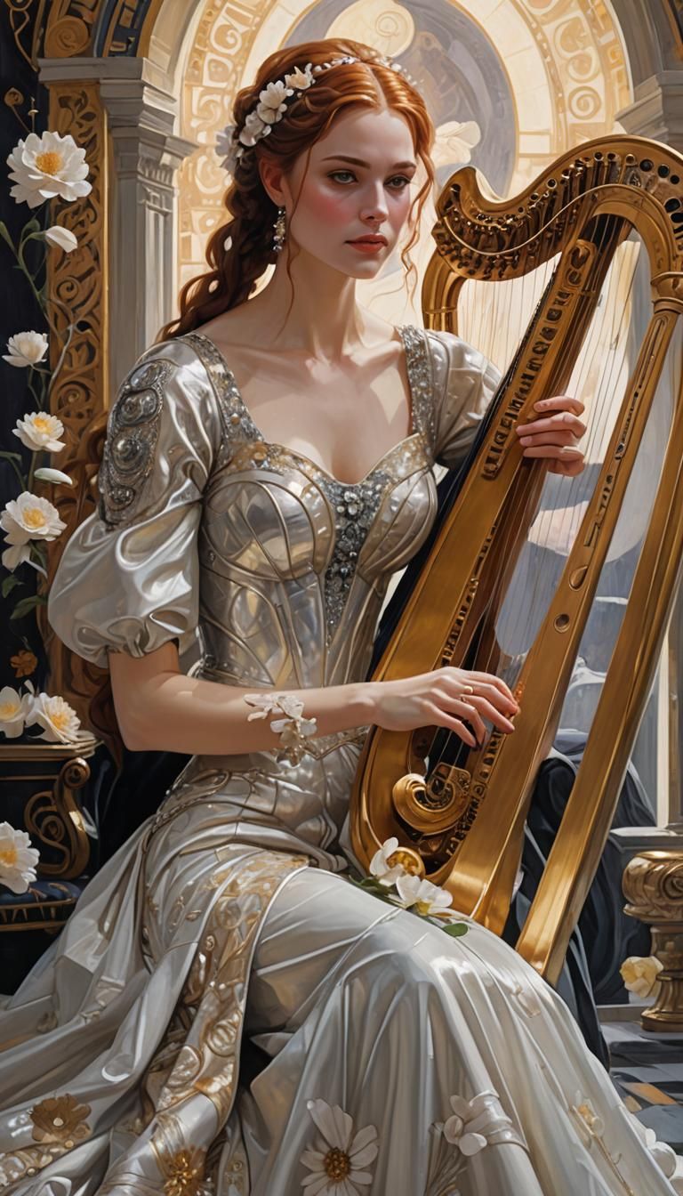 Auburn-Haired Girl Playing Harp in Art Nouveau Style