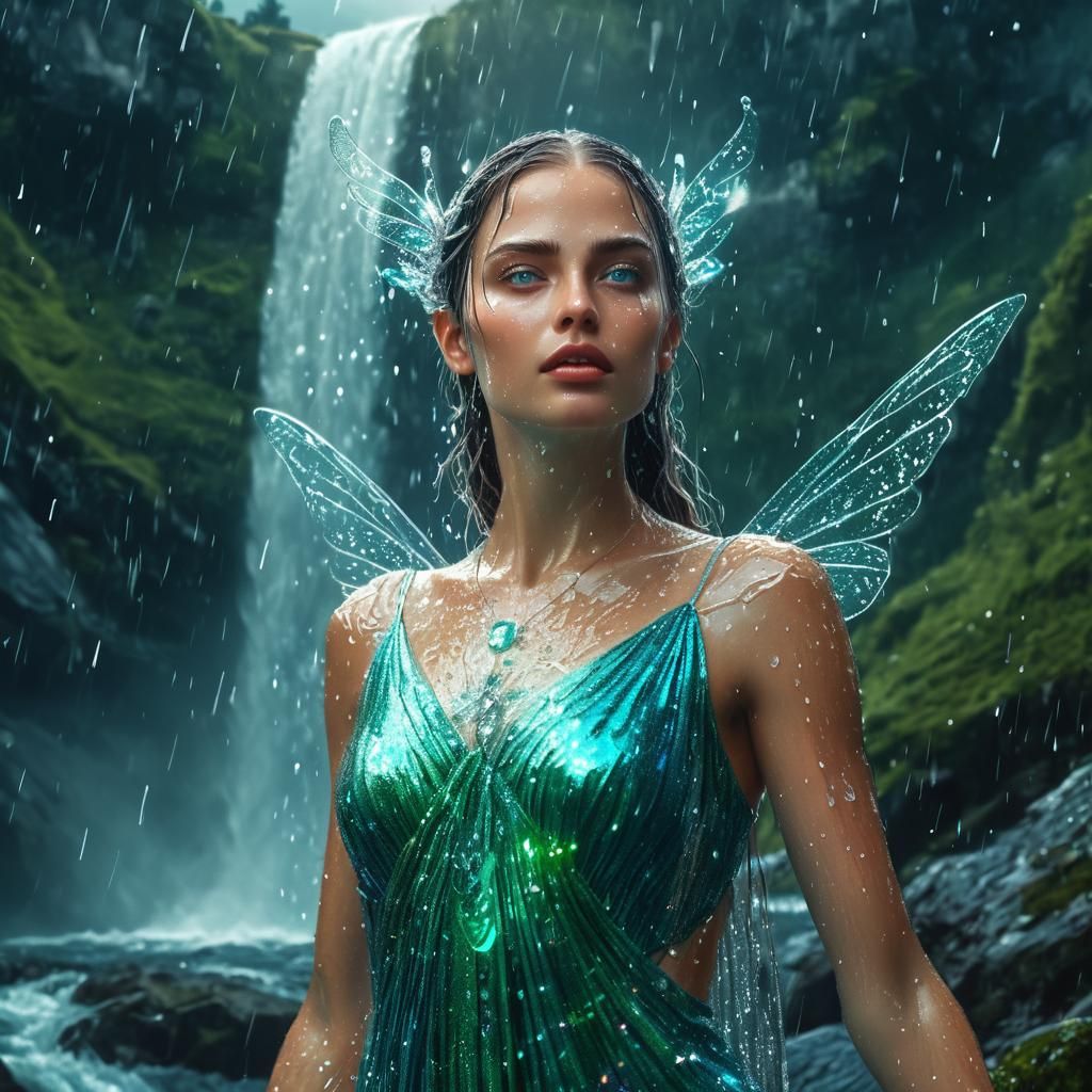 Water Goddess on Mountain Top, Mixed Media Illustration