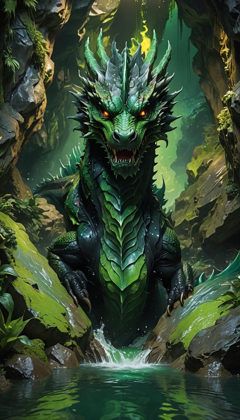 Green Acid Dragon in Cave: Hyperrealistic Concept Art