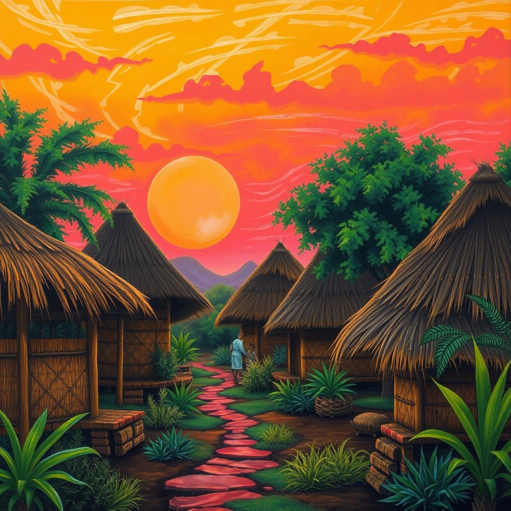 African Village Sunset in Vibrant Colors