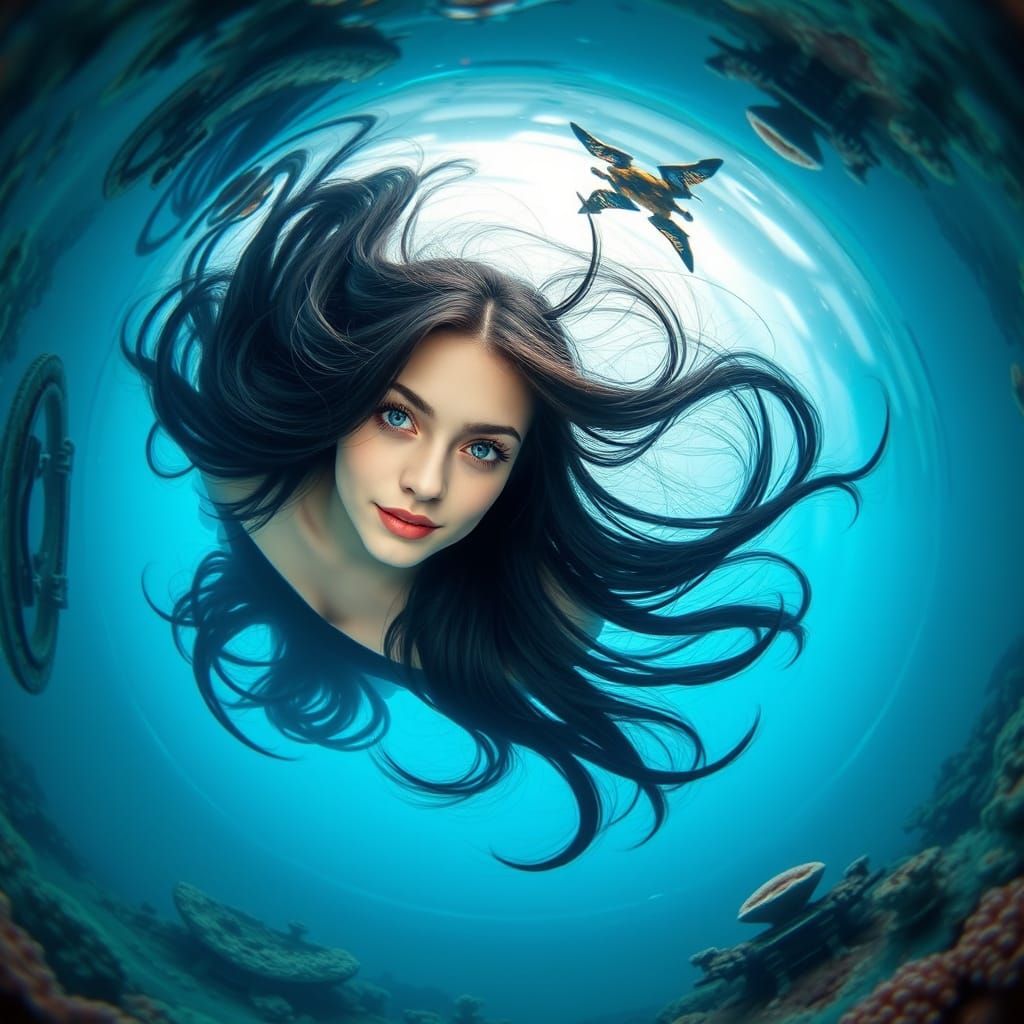 Underwater Mirrored Dome Reflecting a Woman