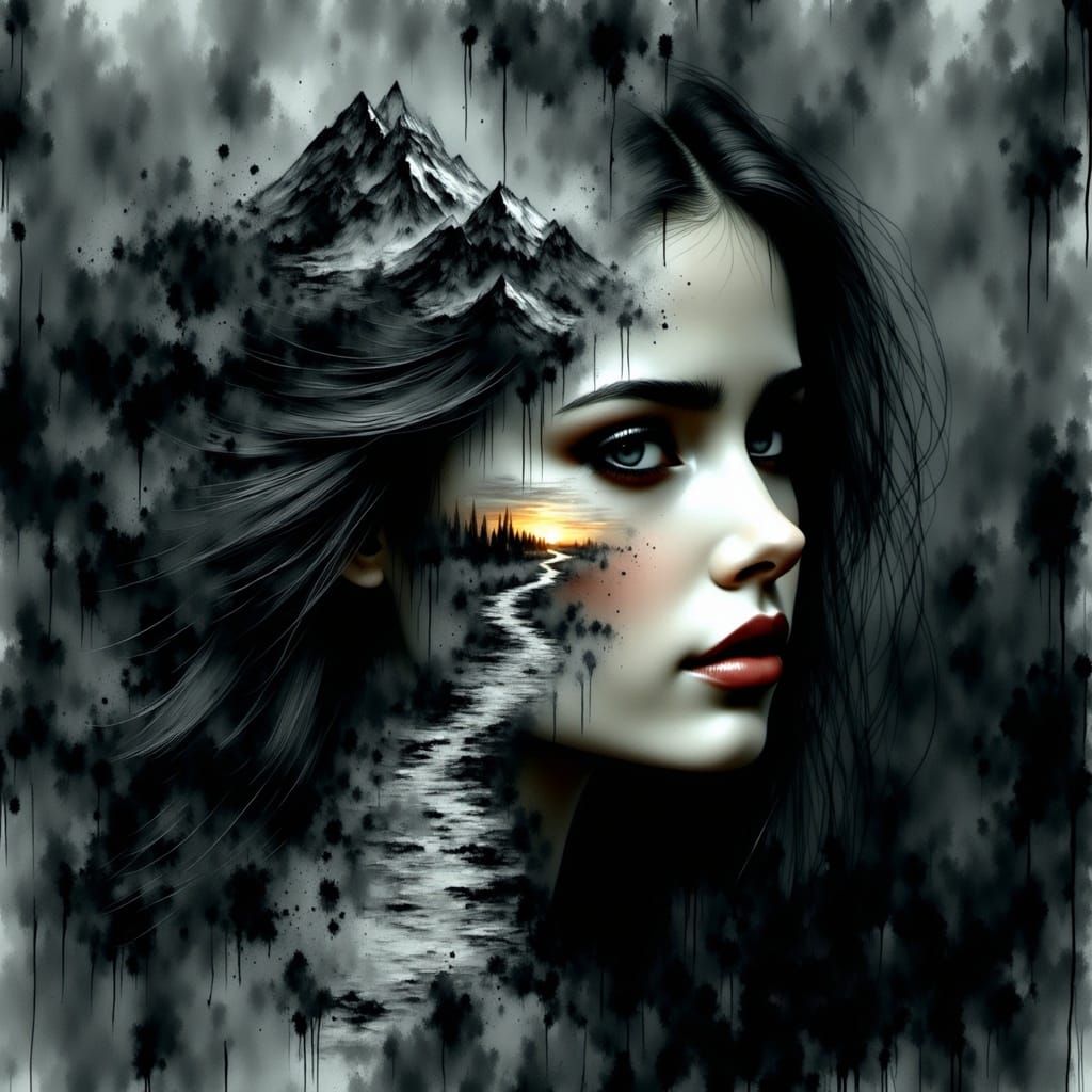 Gothic Double Exposure: Woman and Winter Mountain Path