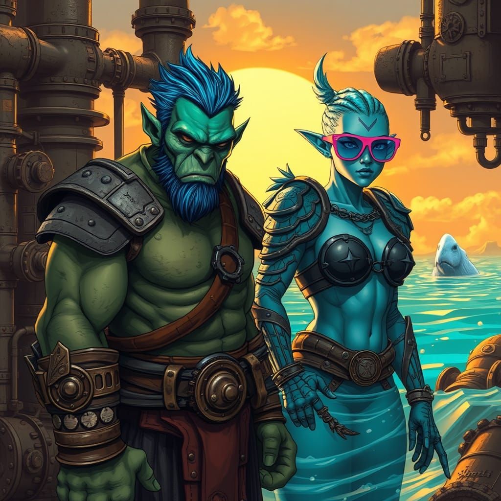 Create a G-rated digital oil painting presenting a Dieselpunk orc and a warrior monk, both characters inspired by a famo...
