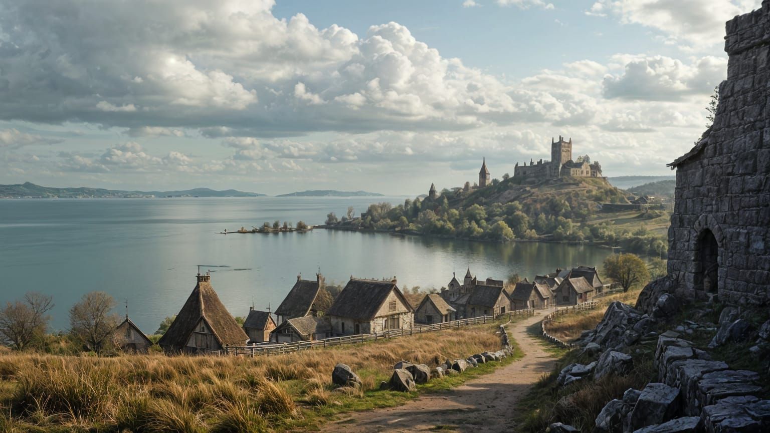 Medieval Lake Town in Dark Ages Times