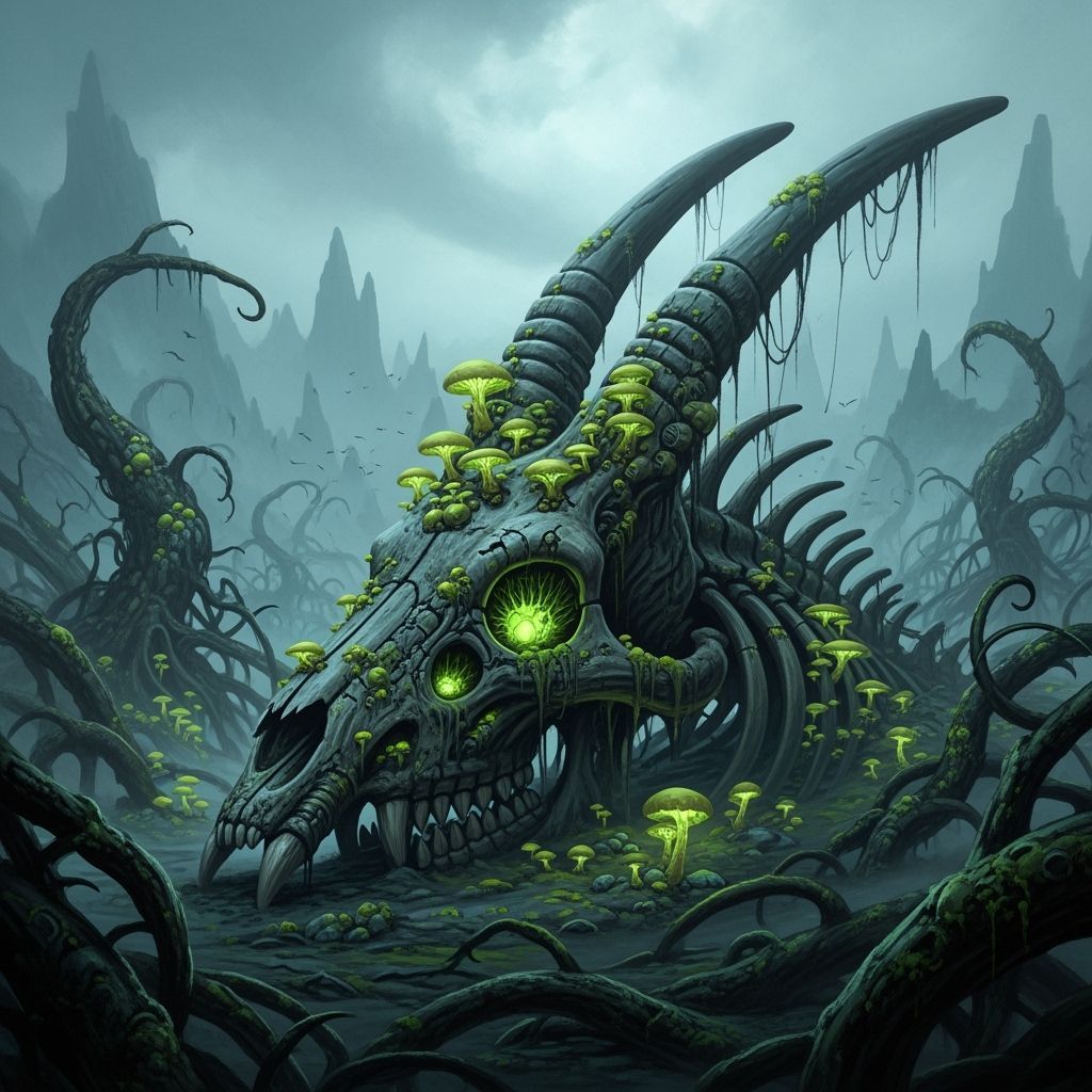 Bioluminescent Fungi on Alien Skull in Biomechanical Style