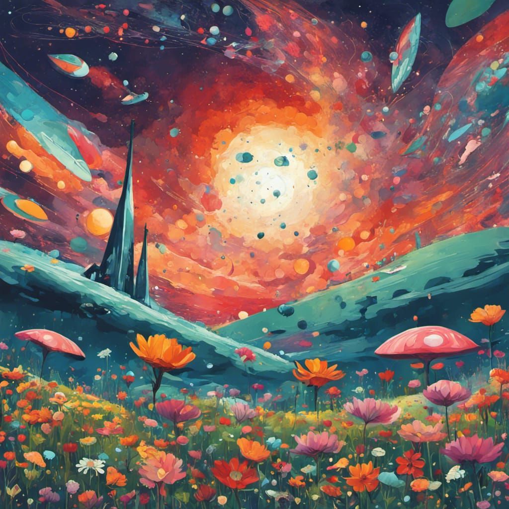 Beautiful flower meadow. Alien ships fill the sky