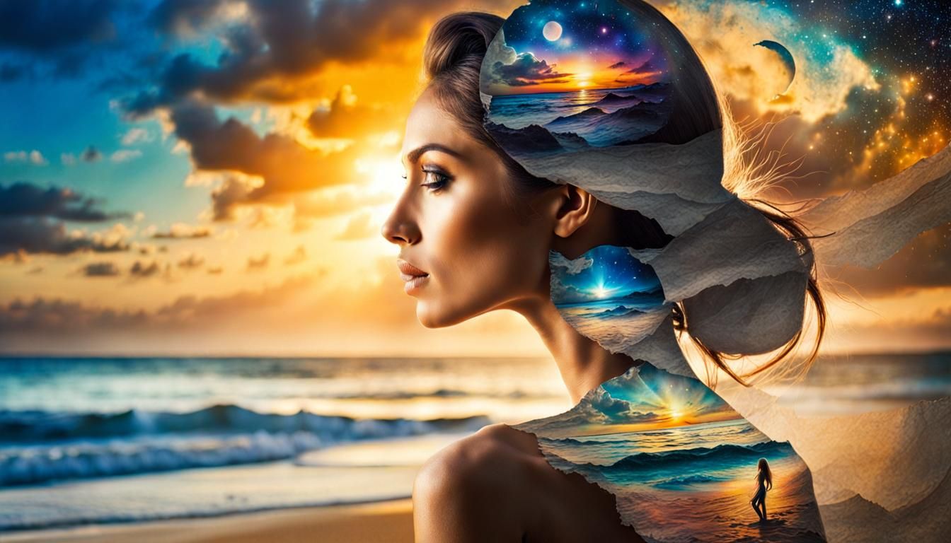 Cosmic Double Exposure: Exotic Woman, Beach Sunset in Oil an...