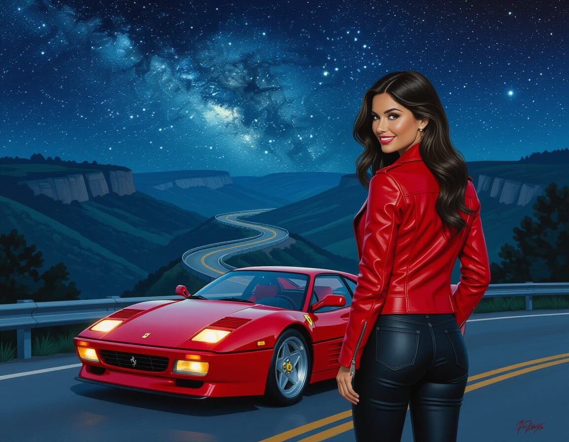 Woman in Red Leather Jacket with Ferrari by Night Road