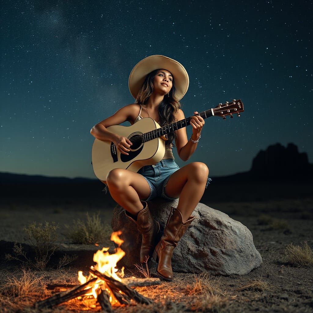 Indian Woman with Guitar in Desert Night Sky