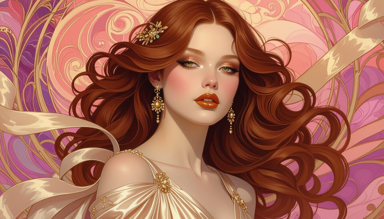 Ethereal Woman with Flowing Hair in Art Nouveau Style