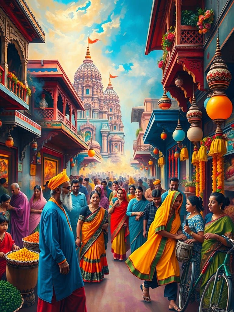 Vibrant Indian Street Scene in a Kaleidoscope of Colors