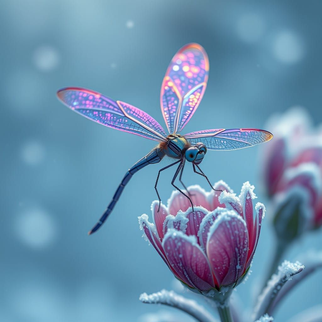 Dragonfly in Winter Wonderland with Vibrant, Iridescent Wing...
