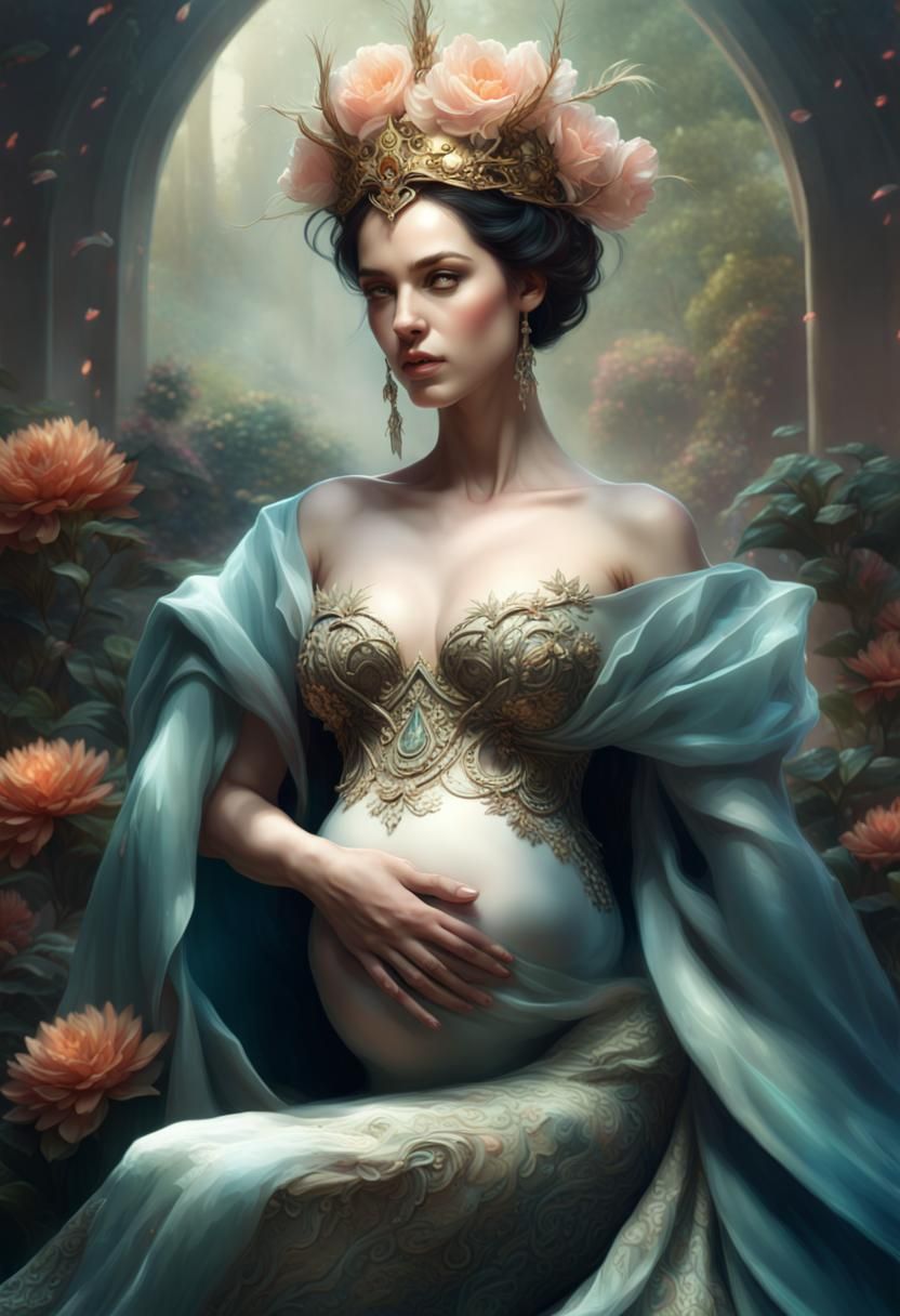Pregnant Empress in Garden: Digital Art Portrait