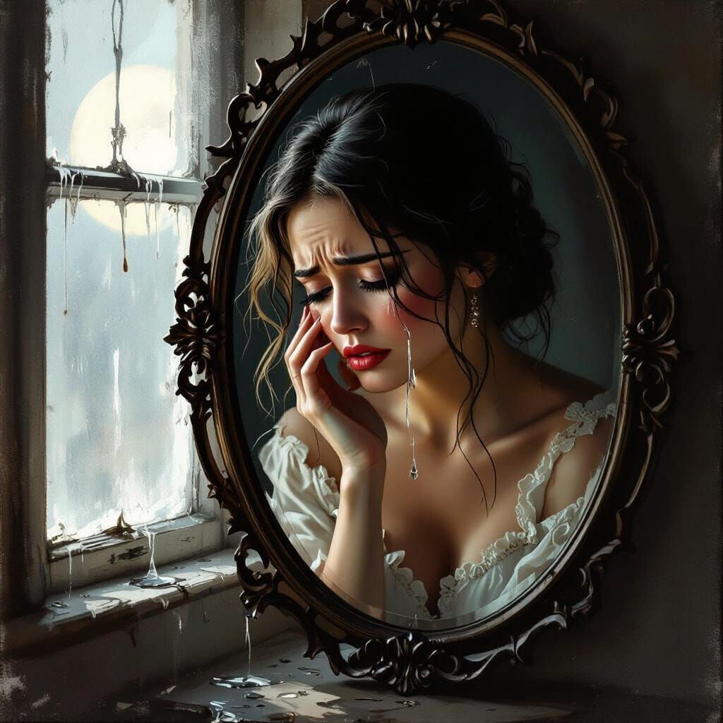 Woman Crying Reflected in Ornate Mirror