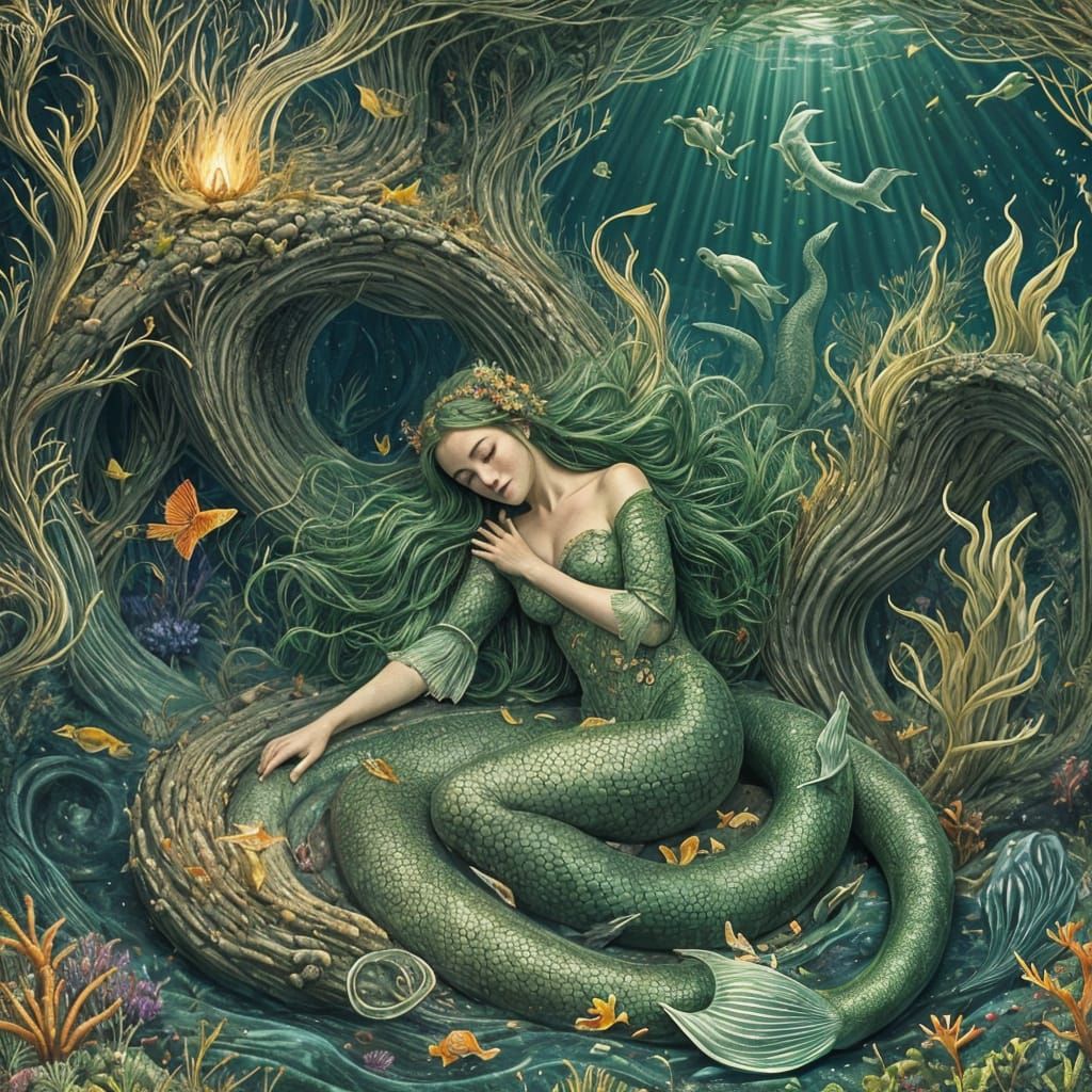 Mermaid Queen Asleep in Deep Ocean Fire